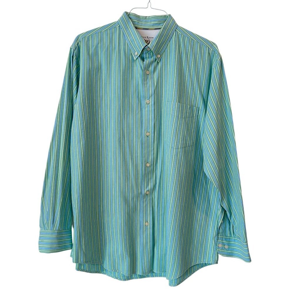 Club Room Mens Green Blue Striped Button Down Shirt XL Cotton Pocket Classic Fit